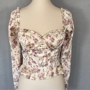 Astr Cream Floral Sweetheart Peplum Blouse with Mauve Accents